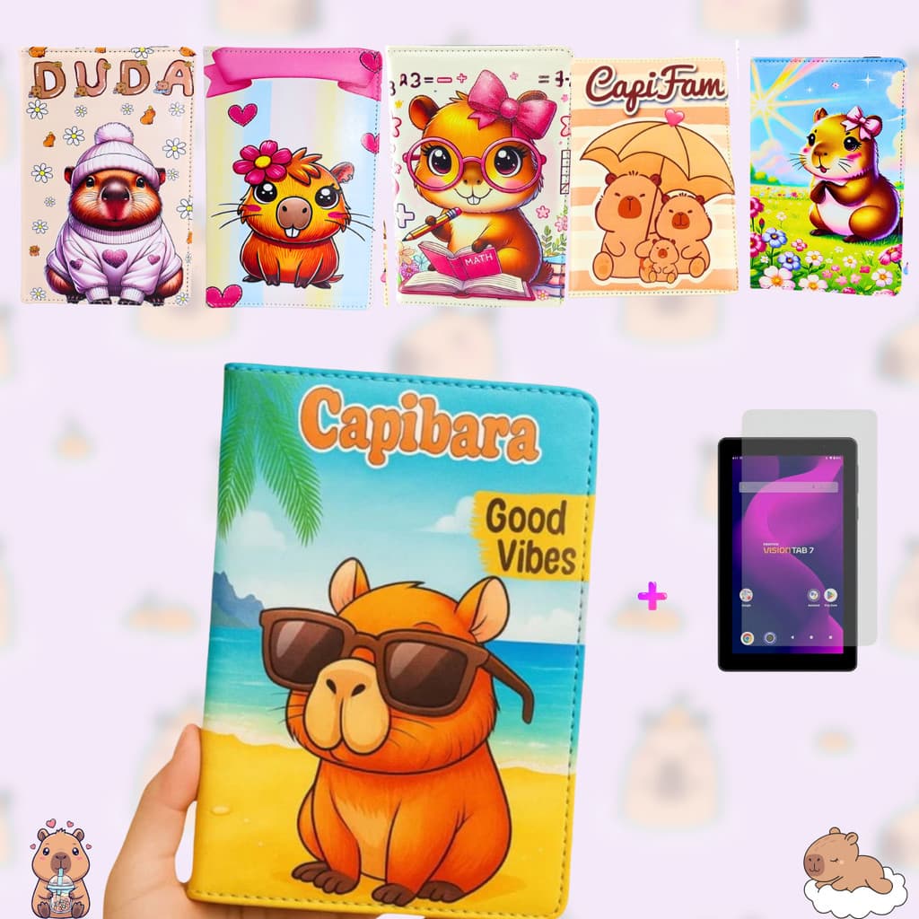 Capa pasta Capibara + Pelicula Compatível Positivo  Vision Tab 7 - 7 polegadas