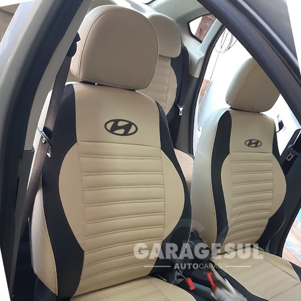 Capa Banco Carro Hyundai Hb20 I30 Ix35 Santa Fe Sob Medida Em Couro Creme e Preto