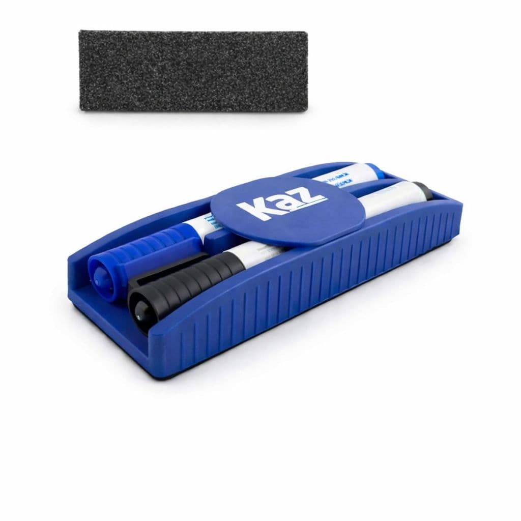 Kit Apagador Magnético Quadro Branco 2 Canetas Marcadores Azul e Preto