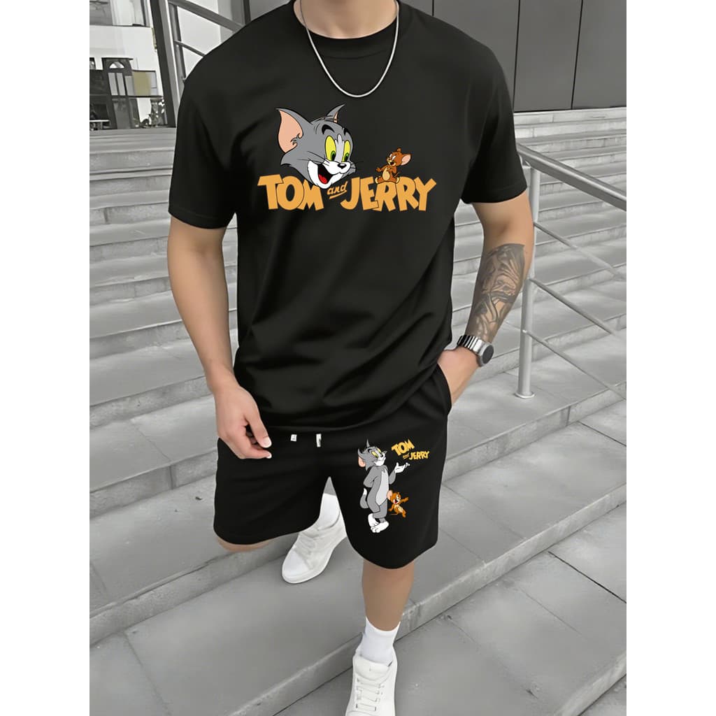 Conjunto de t-shirt e calções gráficos para homem com Tom e Jerry, inspirado na série Warner. Estilo casual, folgado