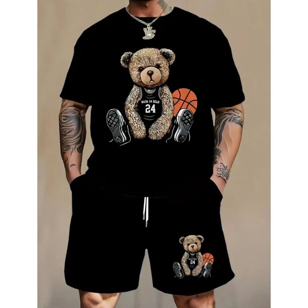 Conjunto Camiseta Básica Slim Urso Basquete Unissex StreetWear + Bermuda Moletom Urso Basquete Shorts Casual com Bolso