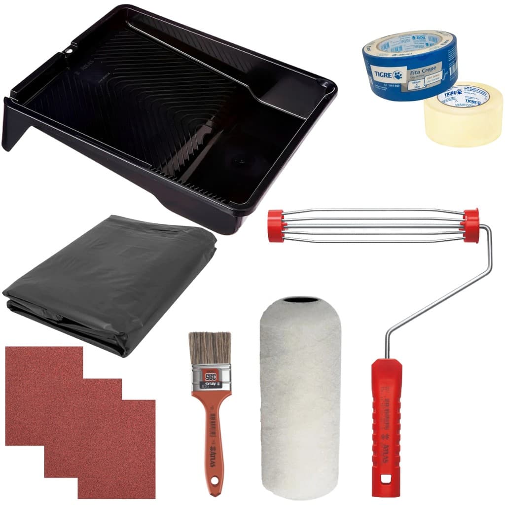 Kit Rolo 23cm com Suporte Bandeja 2,7L Lixas 120 e 100 Fita Crepe Lona Plástica 2mx4m e Trincha 50mm Pintura Parede