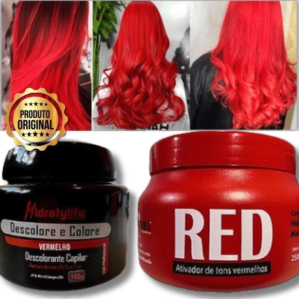 Matizador Vermelho Kit Máscara Red 250g + Pó Descolore e Colore 100g Brilho Intenso