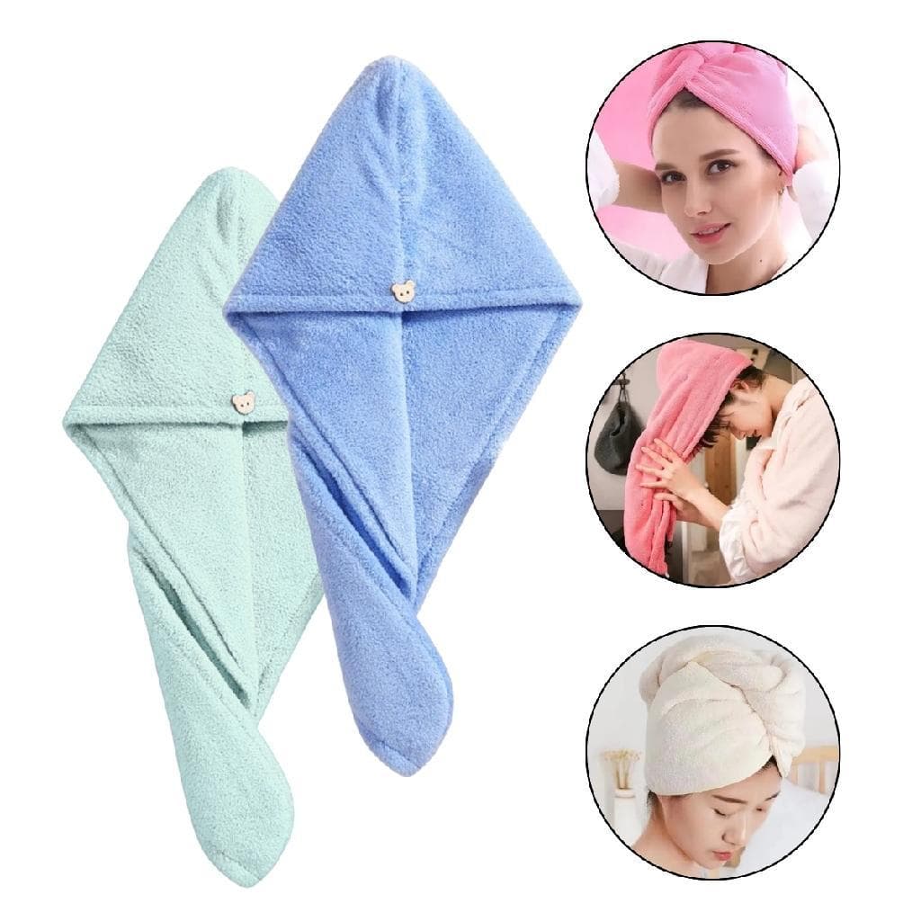 Kit 2 Toalha Mágica Turbante Microfibra Seca Cabelo Botão Banho Higiene Hair Superabsorvente