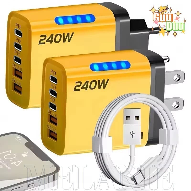 [Guudu] Carregador Rápido De 240 W Tipo C-Cabo USB Para 2USB-Adaptador De Parede De 5 Portas-Cabeça De Carregamento De T