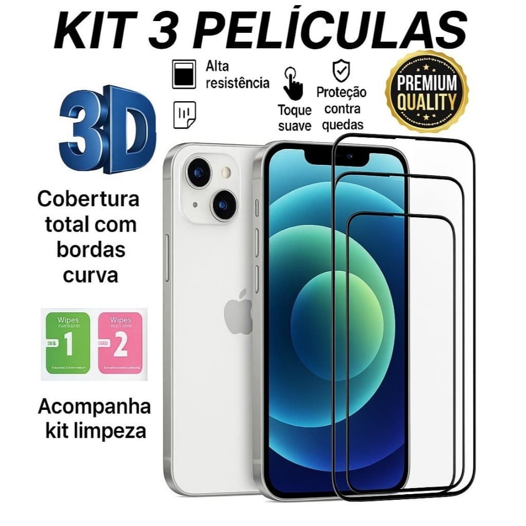 Kit 3 pelicula de vidro temperado 3D 9D peliculas iPhone 11 12 13 14 15 16 17 Air Pro Max Plus