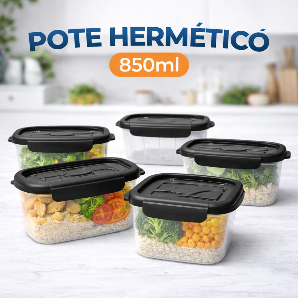 Kit 10 ou 5 Marmita Potes 850ml Travas Laterais Reutilizável - Livre de BPA Alimentos Organiza