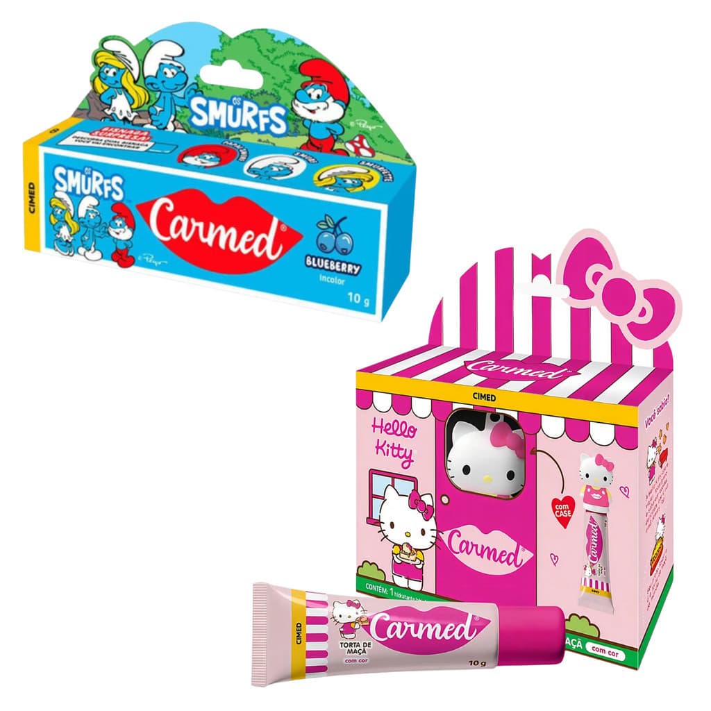 Duplinha de Hidratante Labial Carmed  01 Hello Kitty + 01 Smurfs Colecionadores