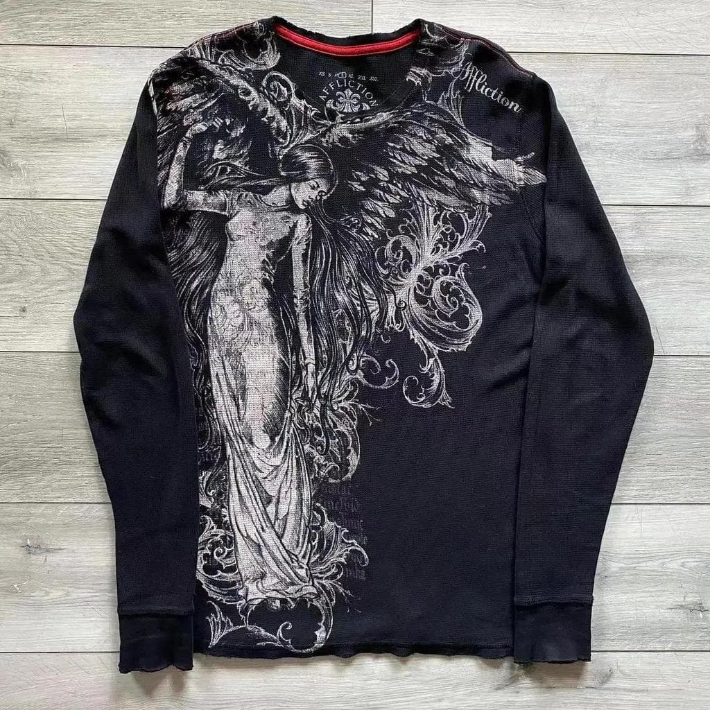 90s Affliction T Camisa Hip Hop Em Torno Do Pescoço Oversized Manga Comprida Novas Mulheres Casuais Punk Roupas Topos St