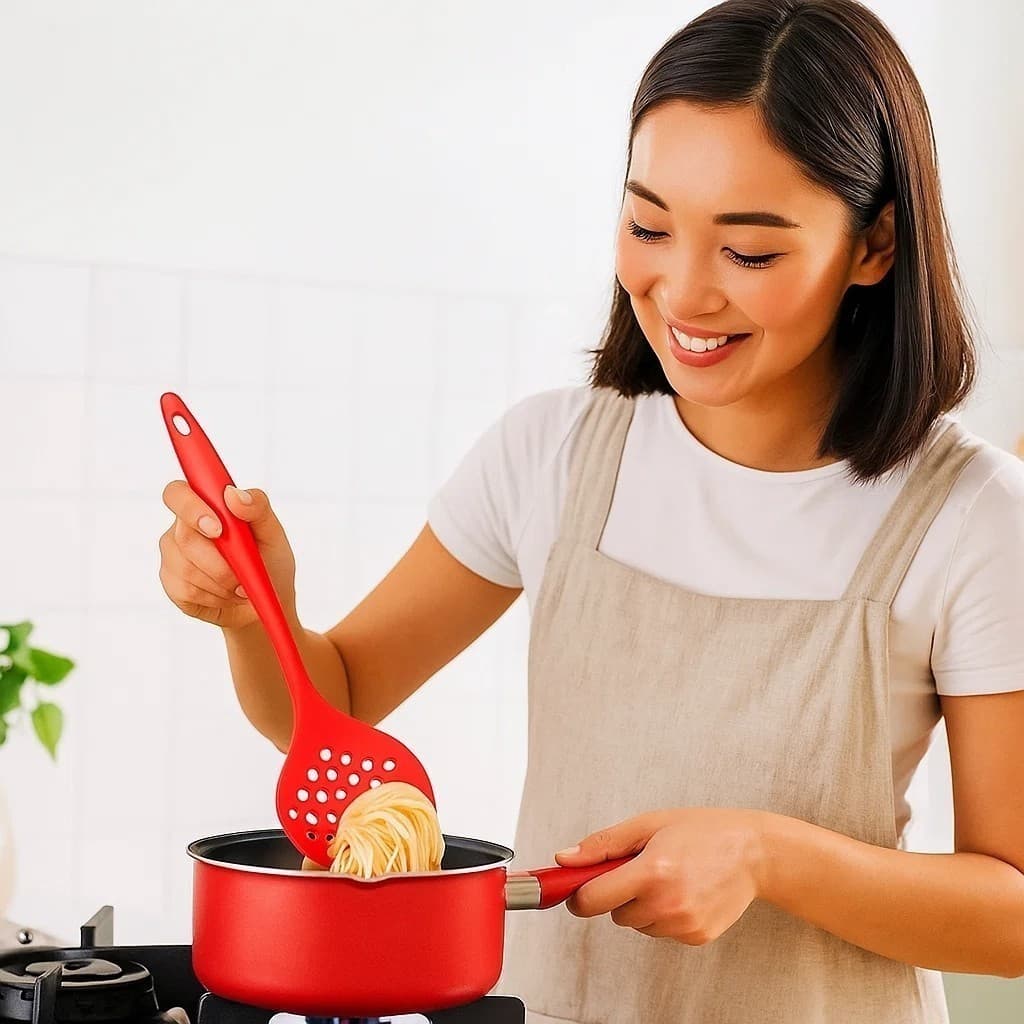 Escumadeira Silicone Vermelha Fritura Escorrer Óleo Cozinha Resistente