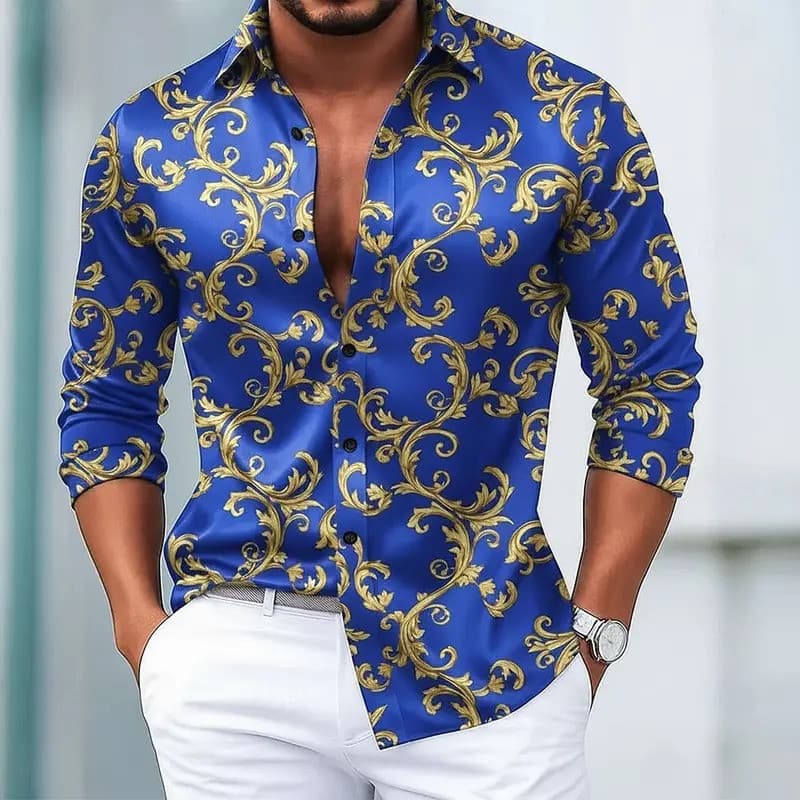 Camisa Masculina de Manga Longa 3D, Estampa Gráfica Floral Vintage de Arte Europeia, Estilo Streetwear Moderno, Blusas C
