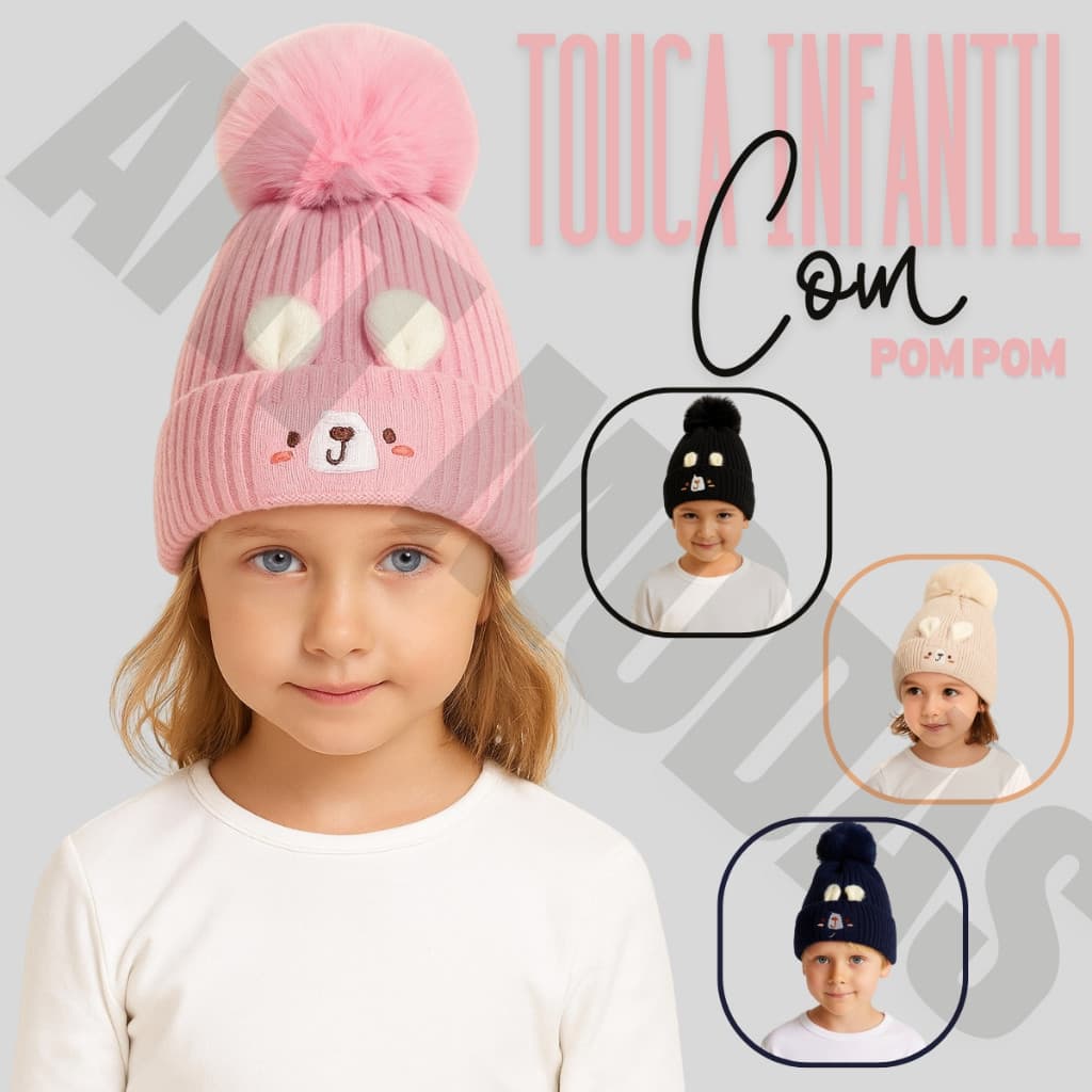 Touca Gorro Infantil Coelhinho com Pompom Fofinha Quentinha Inverno Criança