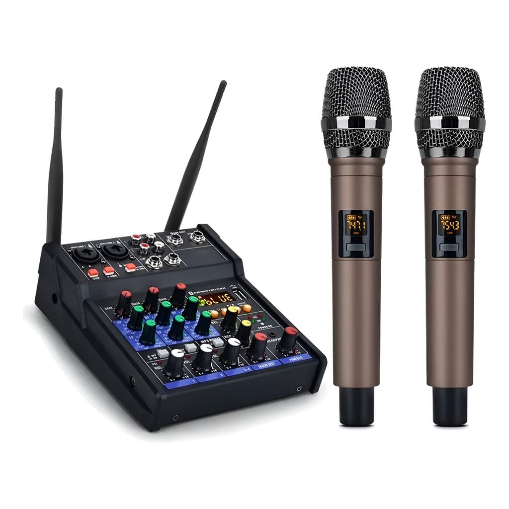 Mesa De Som 4 Canais E Microfone S/ Fio Profissional Uhf Kit
