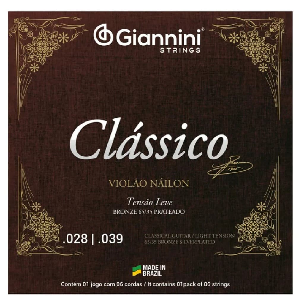 Jogo de Cordas Giannini Violao Nailon Classico GENWPL Tensao Leve 65/35 Prateado