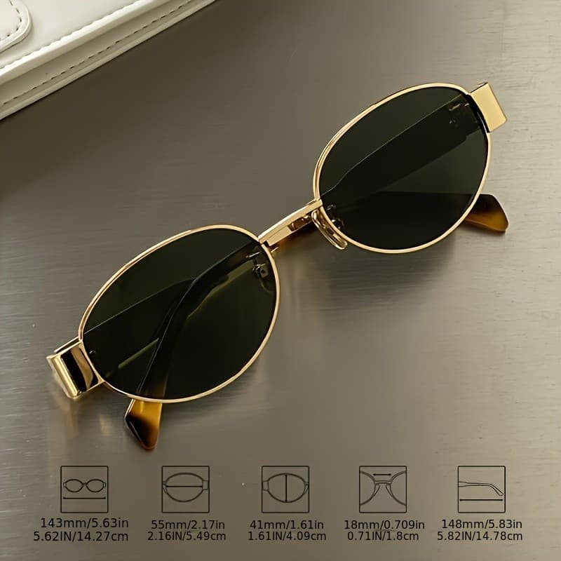 Óculos de Sol com Armação de Metal e Dobradiças, Lentes de PC, Armação Oval para Caminhadas, Pesca, Condução e Viagens à