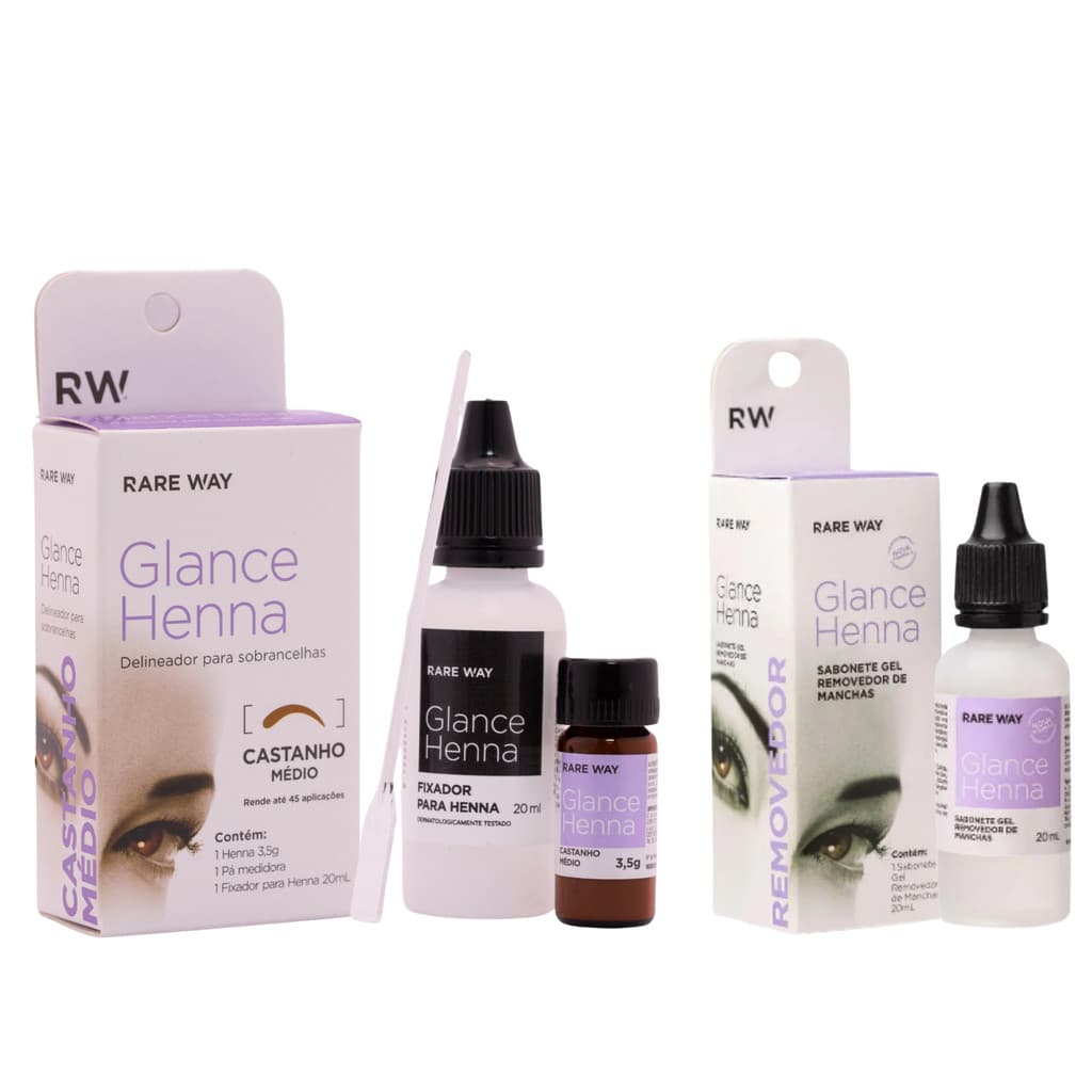 Kit Henna para Sobrancelha Glance Castanho Médio 3,5g + Removedor Henna 20ml Rare Way Original