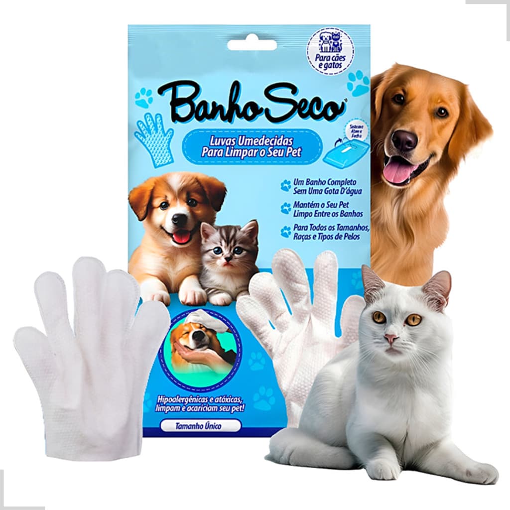 Kit Pack 6 Luvas Descartáveis Higienização De Pets Banho A Seco Escova Lenços Toalhas Umedecidas