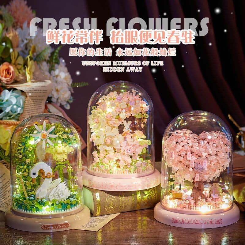 Blocos de construção de flores preservadas montados rosa lua flor pequenas partículas Tanabata presentes para namorada