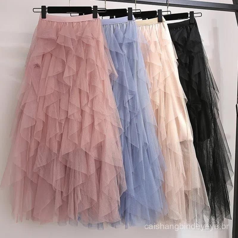GLCHENG 2024 Verão Primavera Bainha Saia Tule Gaze Plissada Longa Irregular Saia Extra Longa Feminina D9QT 8O1N I8RL