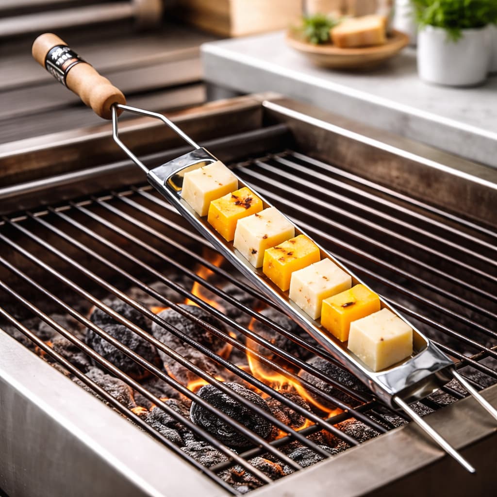Espeto Grelha Para Queijo Com Cabo de Madeira Churrasco Grilazer Inox Resistente 75cm
