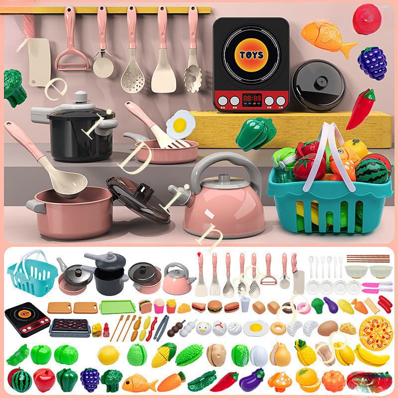 Crianças simulam conjunto de brinquedos de cozinha, cortar legumes, cozinhar frutas, utensílios para bebês STTT