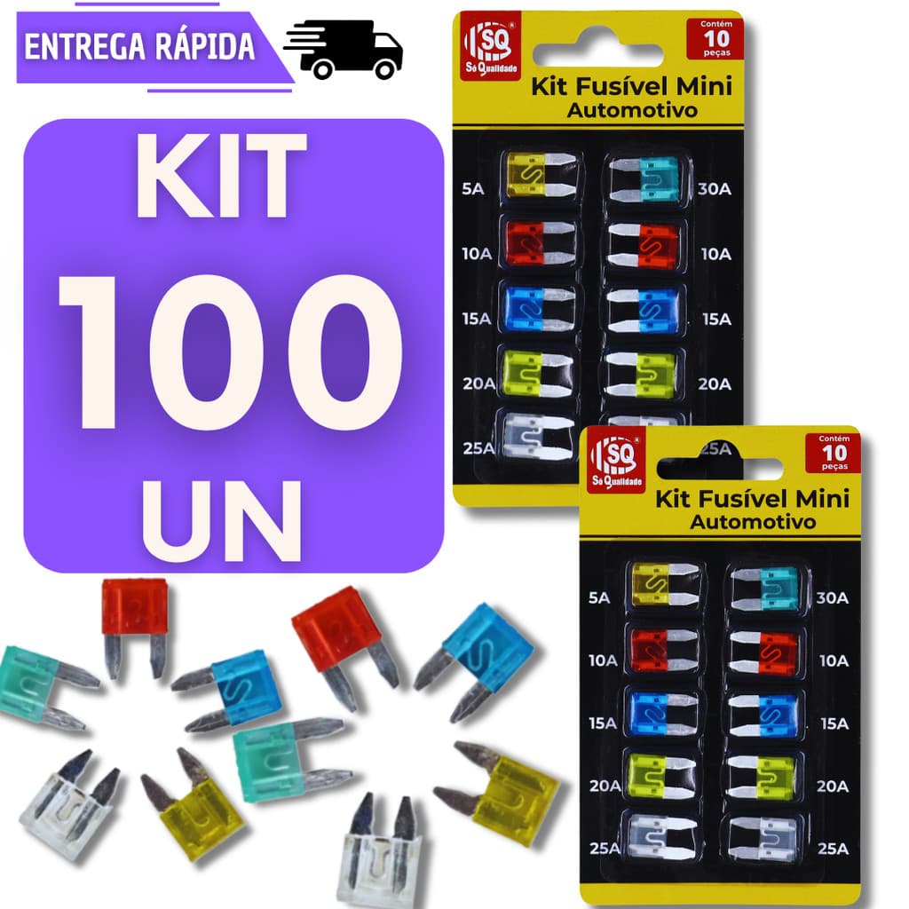 Kit Cartela 100 Fusível Lâmina Automotivo Mini 5A 10A 15A 20A 25A Proteção Veicular Para Carro Moto