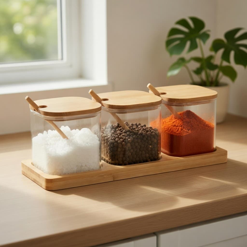 Kit 3 Potes 500ml Suporte Temperos Condimentos Vidro Bambu Bege