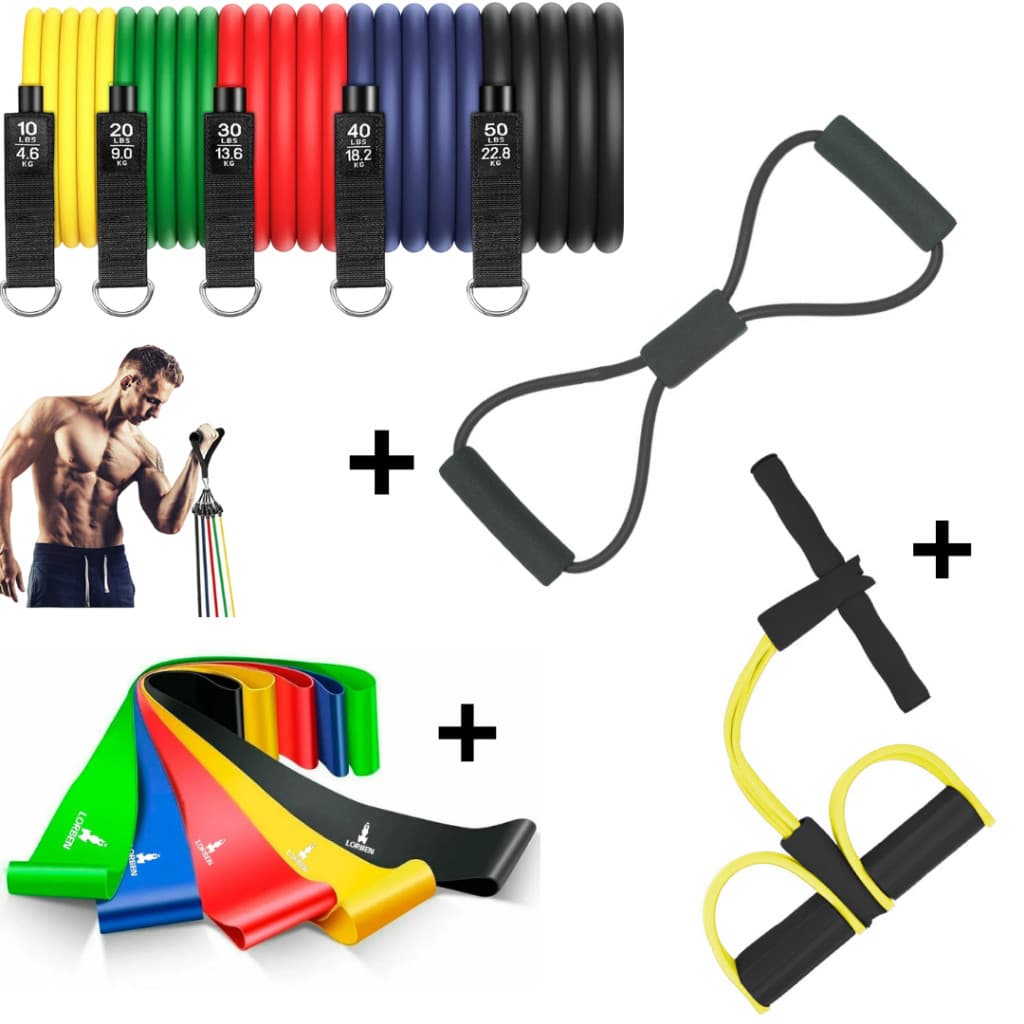 Kit 11 Extensor Elástico + Kit 5 Mini Band + Extensor Elástico + Elástico de Treino Tensão Academia Exercícios