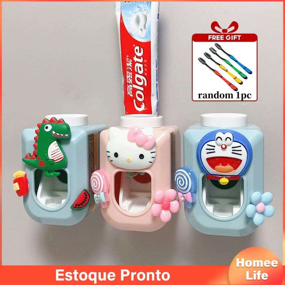 Espremedor Automático De Pasta De Dente HelloKitty Fofo Montado Na Parede Sem Perfuração Dispensador Preguiçoso