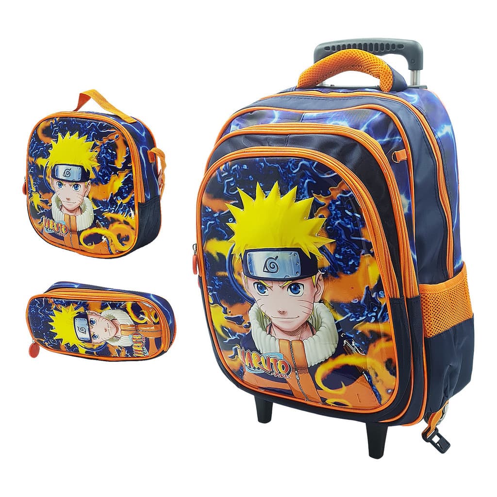 Mochila Infantil Rodinhas C/ Estojo Lancheira Escolar Naruto