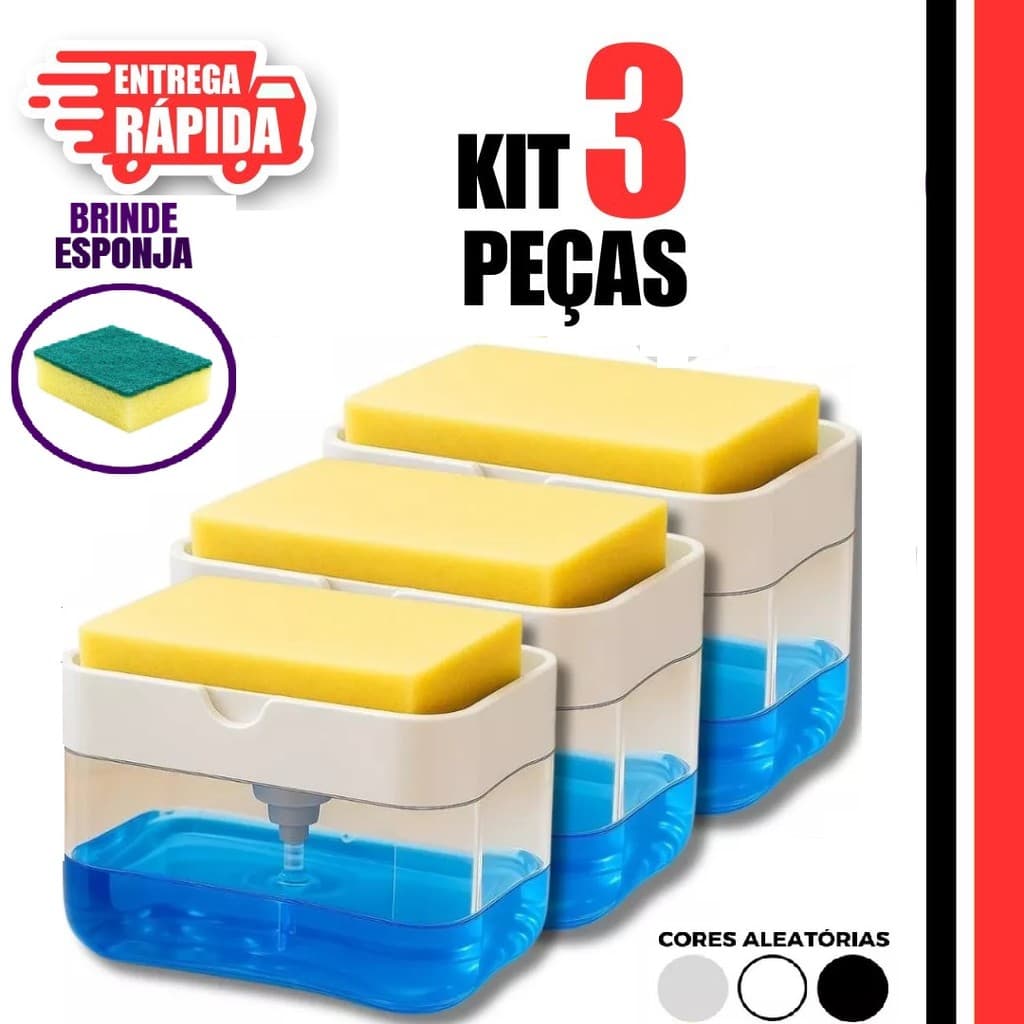 Kit 3 Dispenser de Detergente Porta Sabão Líquido com Suporte Para Bucha e Esponja Limpeza Cozinhas