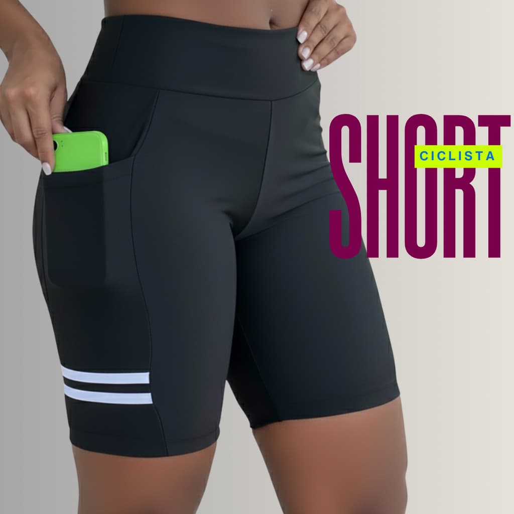 Short Ciclista Feminino Com Bolso Bermuda Para Academia Com Cós Alto Treinos Grosso