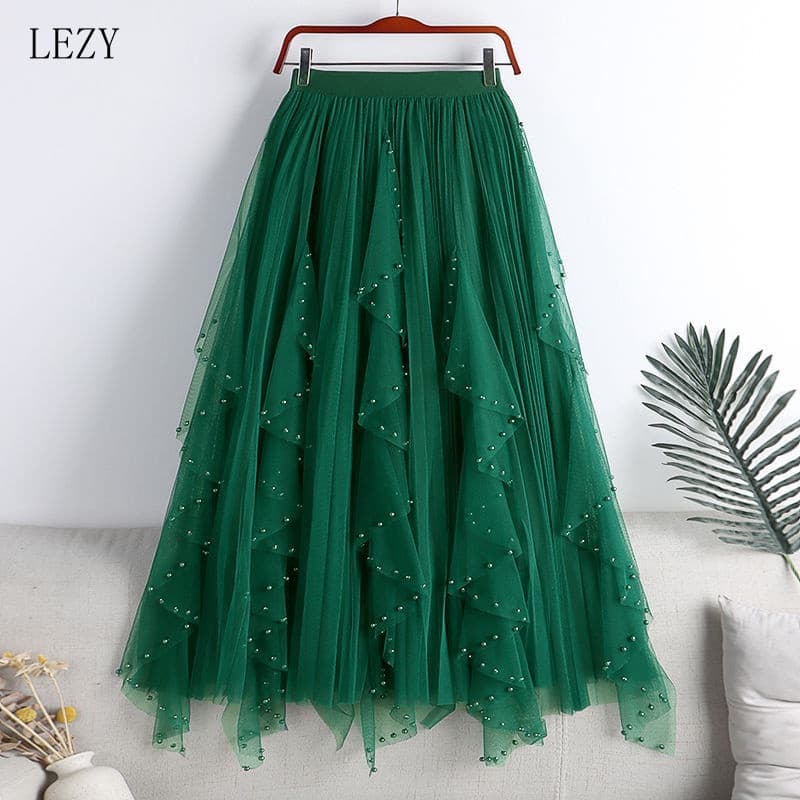 Saia de Tule Longa Plissada para Mulheres com Babados [Pronta Entrega para Envio Rápido] Novo Estilo Verde Costura Irreg