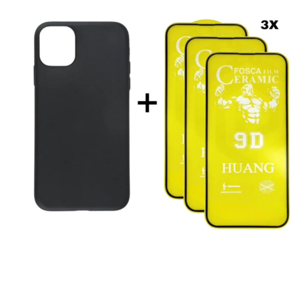 Kit 4em1 Case Preta + 3 Películas Cerâmica Fosca iPhone 11 12 13 14 15 16 Pro Max - Nanclares