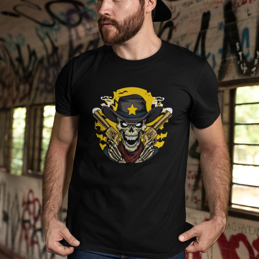 Camiseta Algodao Halloween Caveira Cowboy Faroeste Dark Dtf