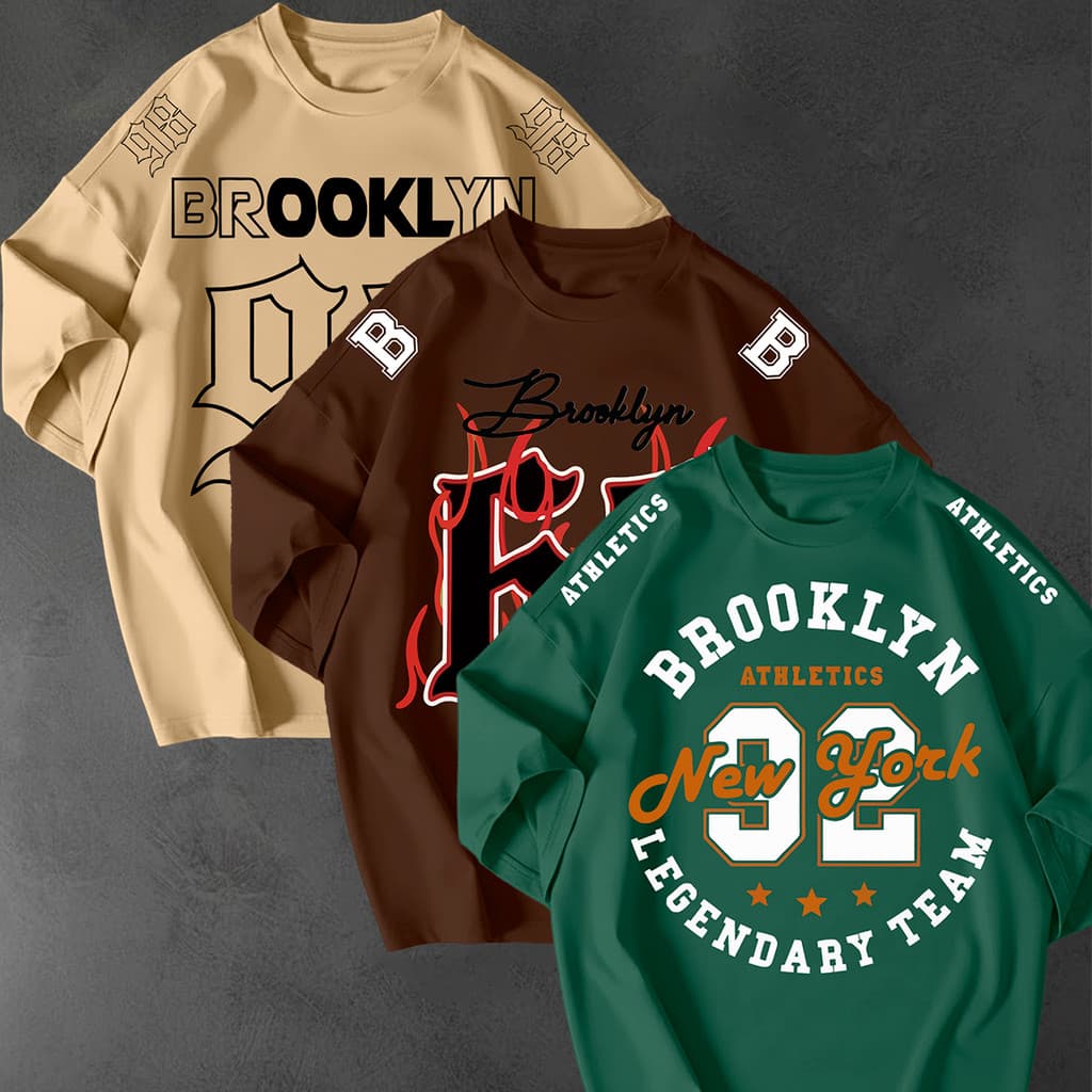 Kit 3 Camisetão Oversized Brooklyn NYC Athletics 100% Algodão Estampado Moda Urbana Casual Unissex