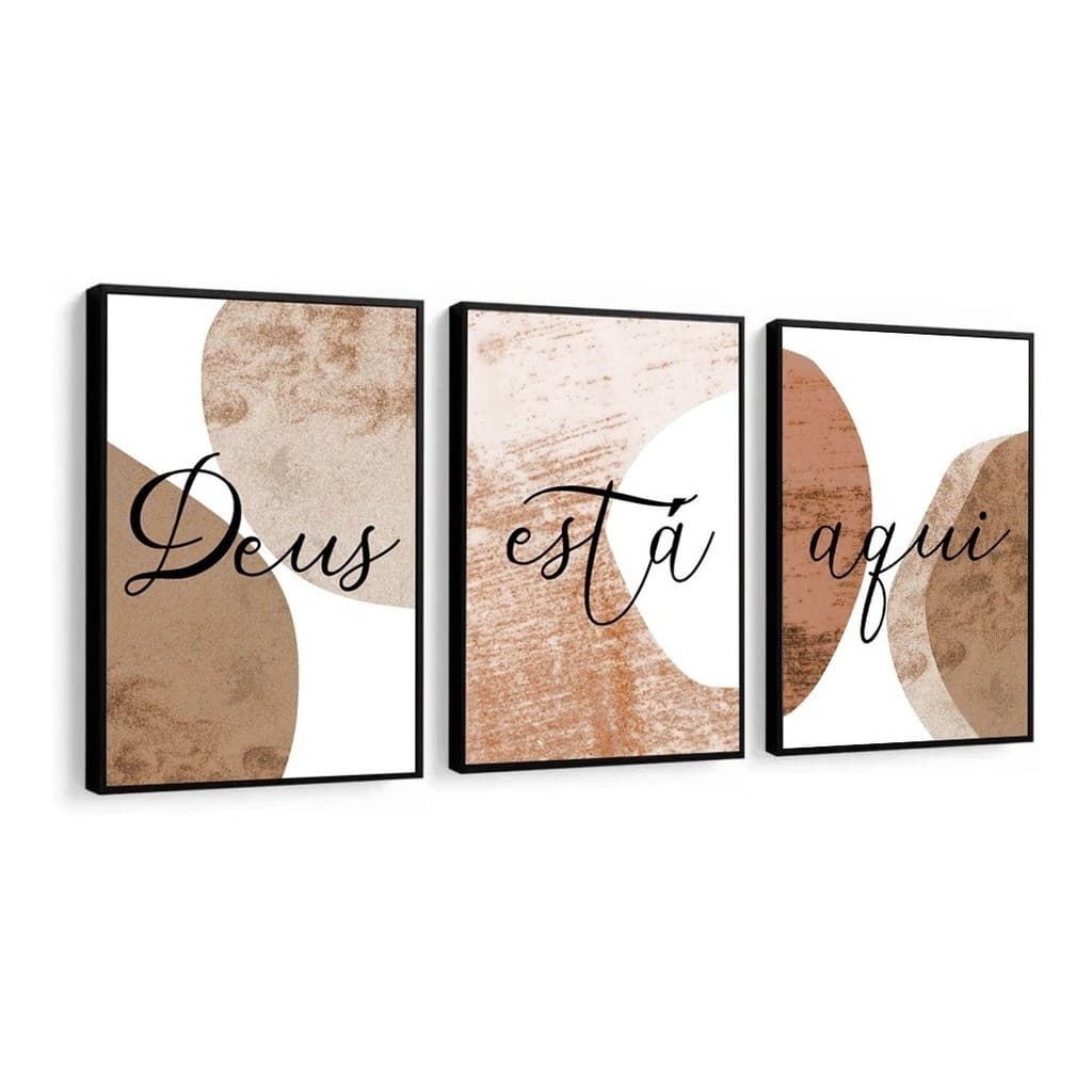 Quadro Decorativo Abstrato Frase Marrom Deus Está Aqui Sala-decoração luxo