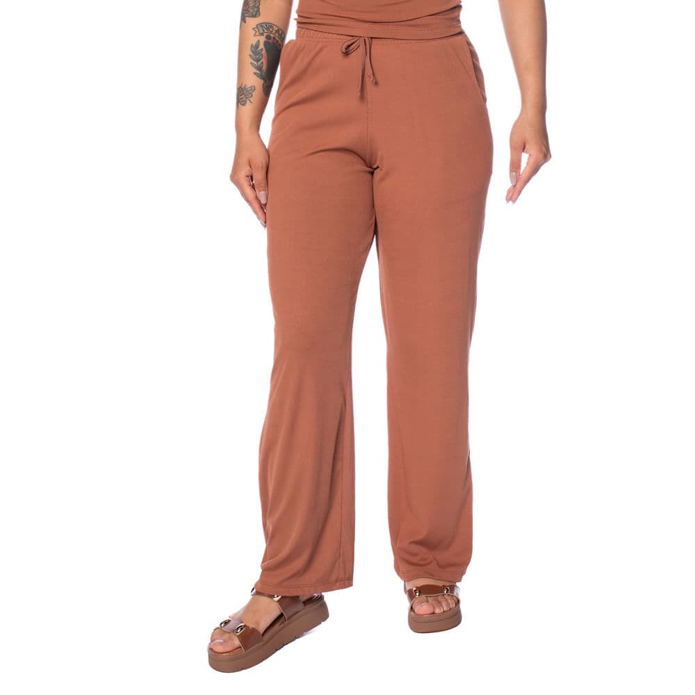 Calça Feminina Babicat Reta Cintura Média Canelada Marrom