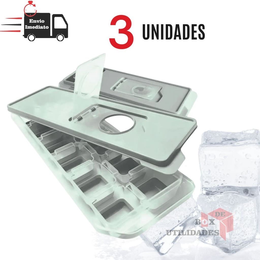 03 Forma de Gelo com Tampa Fundo em Silicone e Aba Enche Fácil Resistente  Enche Facil Resistente