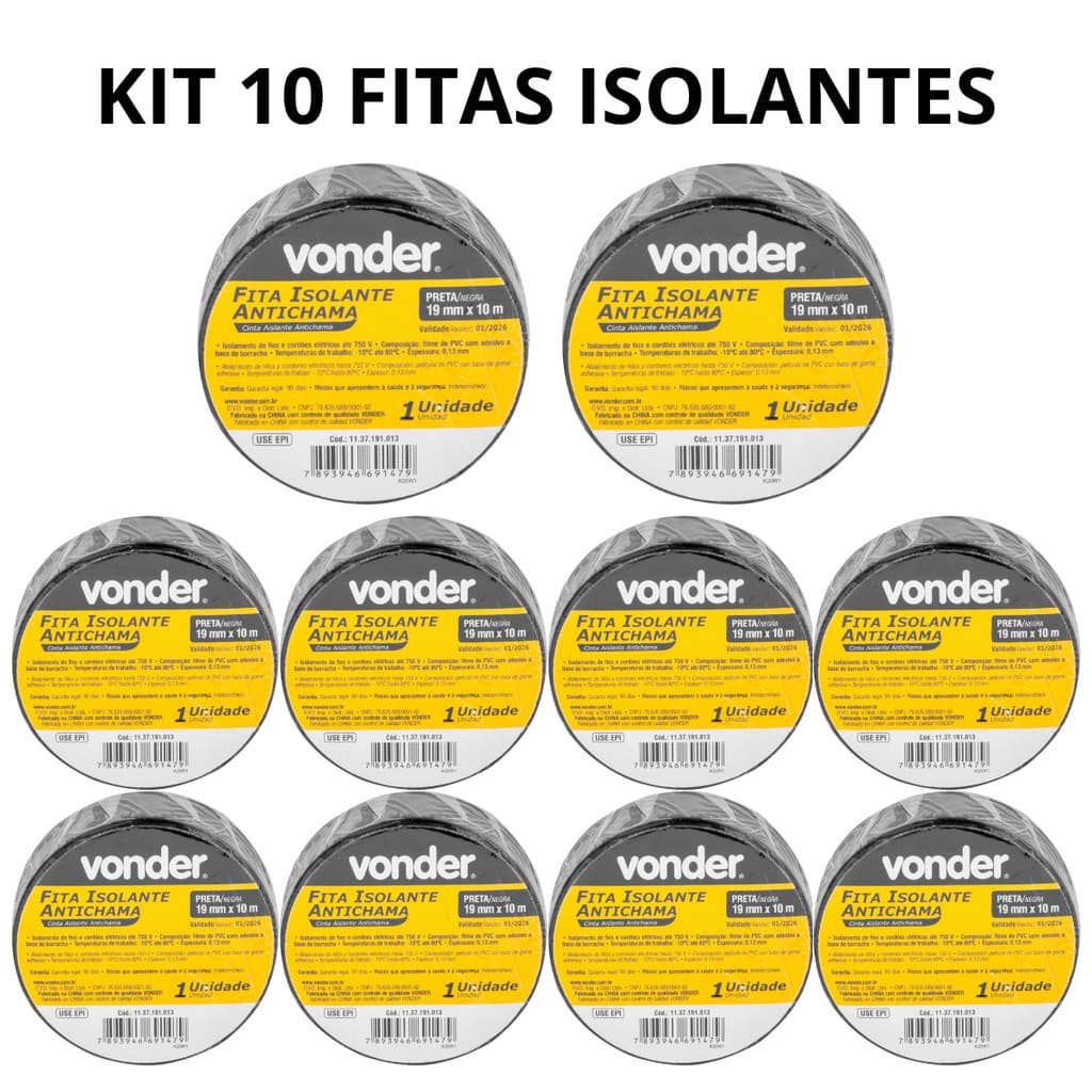 Kit 10 fita isolante Vonder 10metros antichama