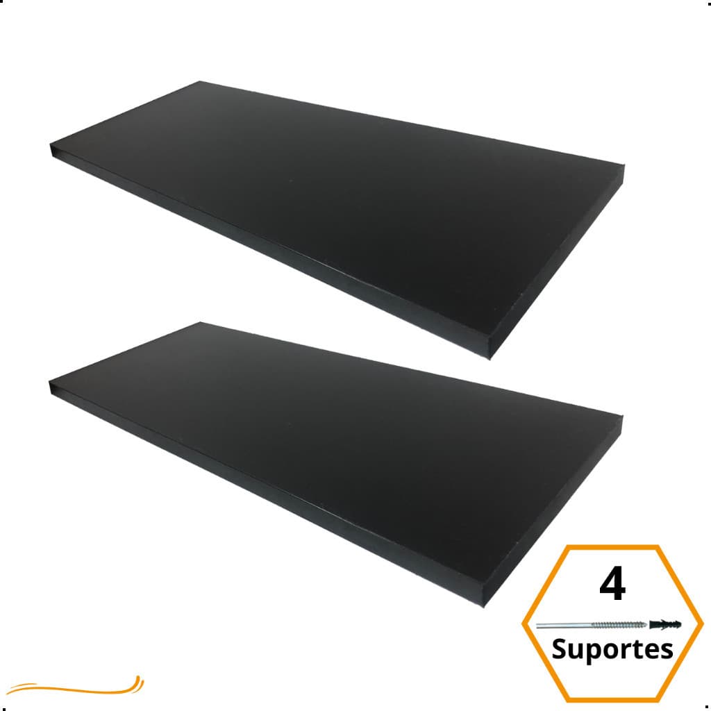 Kit 2 Prateleira Preta 50X20 + Suporte Flutuante Mdf  Organizadora Decoração Cozinha Banheiro Sala