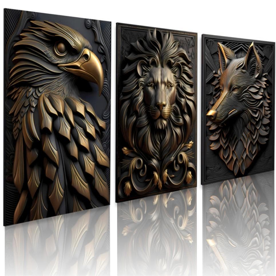 Kit 3 Quadros Decorativos Águia Leão e Lobo Arte Gold Sala Casa Escritório