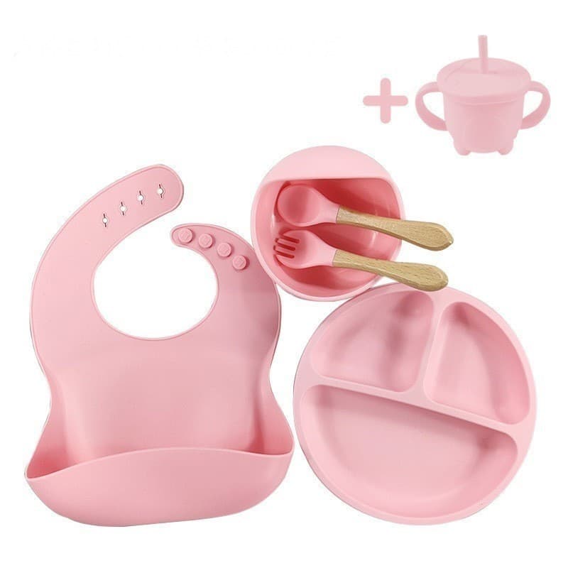 Kit Alimentação Infantil Silicone 6 Peças Prato Tigela Copo Talheres Babador