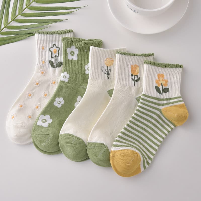 Kit 5 Pares Meia Feminina Fofa Flor Verde Estilo Coreano