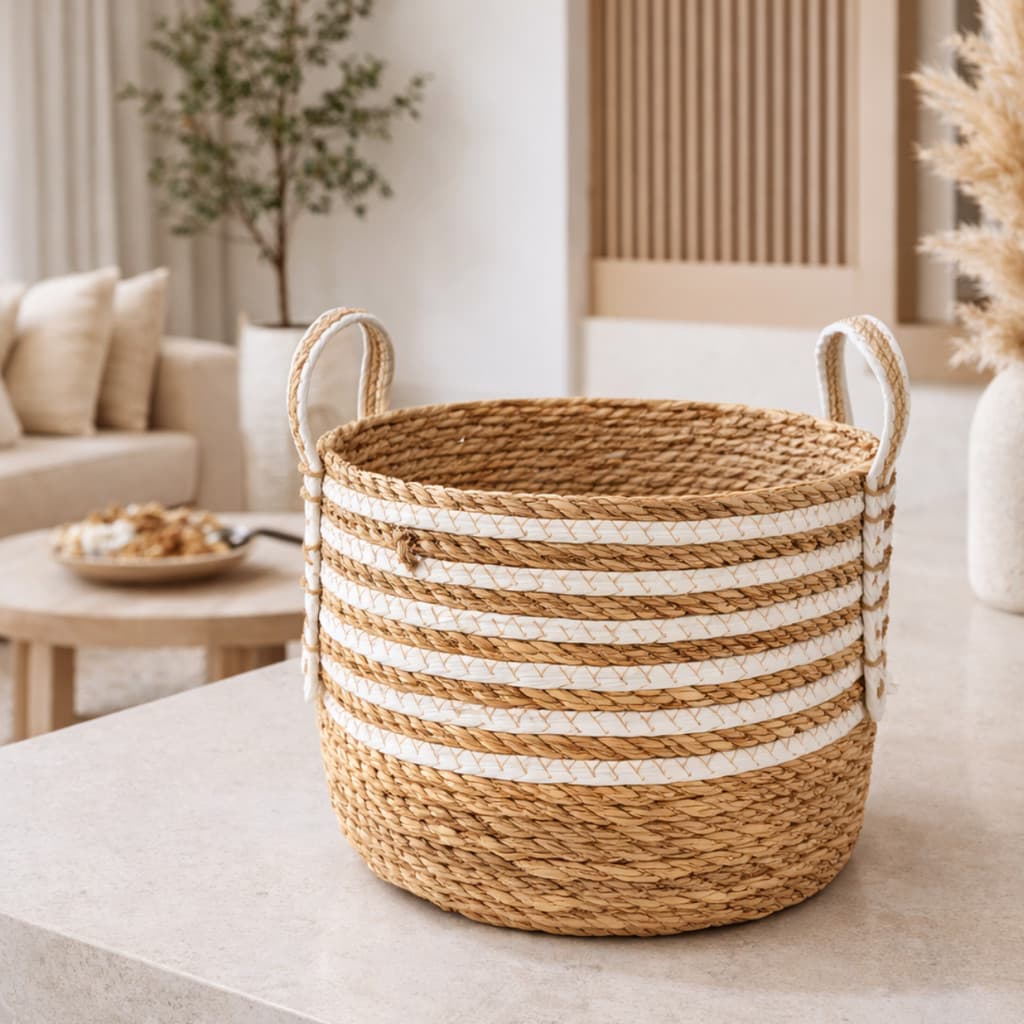 Cesto Organizador 29cm Fibra Natural Listras Brancas - Casa Sala Quarto Roupas Decoração