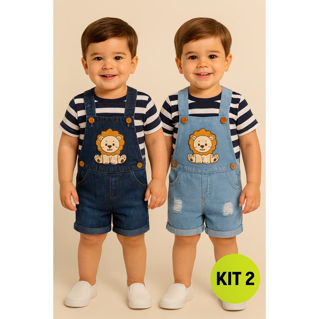 KIT 2 Macacão Jardineira Short Jeans Masculina Infantil Menino (1, 2 e 3 anos)