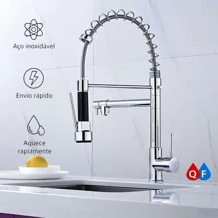 Torneira De Cozinha Gourmet De Bancada De Metal Com Spray Extensor Para Água Quente E Fria