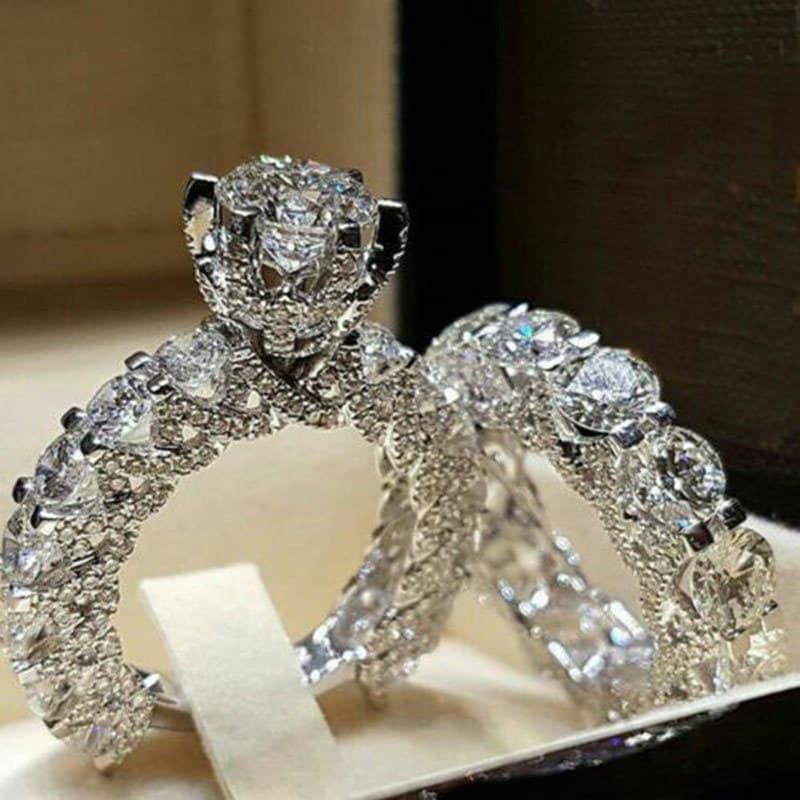 Anel de moda conjunto de duas peças cheio de diamante completo zircão anel Design cobre noivado anel de casamento presen