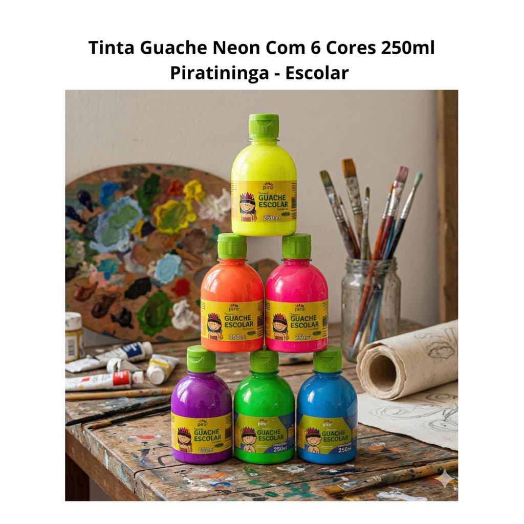 Tinta Guache Neon Escolar 250ml Piratininga - Com 6 Cores