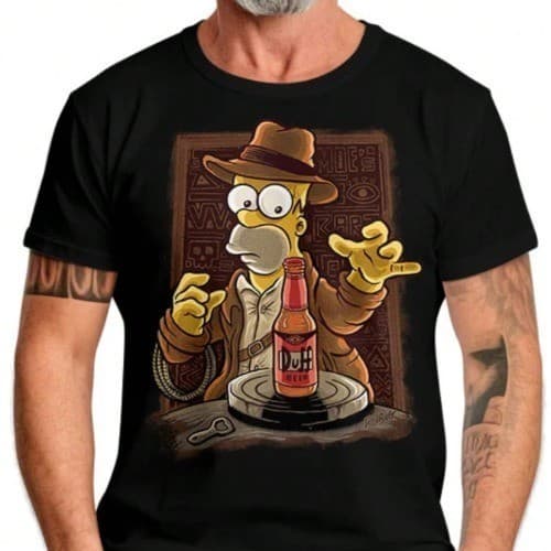 Camiseta Indiana Homer x Duff do Desenho Simpsons 100% Algodão